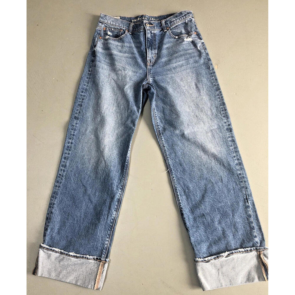 American Eagle Jeans Women Size 10 Stovepipe Wide Leg High Rise Baggy Denim Blue
